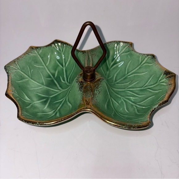 Vintage California Pottery Green Leaf Double Sided Serving Bowl MCM Handle Gold - Picture 1 of 10